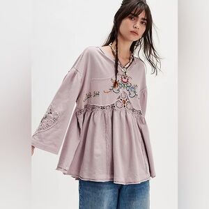 FREE PEOPLE Oversized Embroidered Floral Kennedy Tunic NWT Lavender Crochet